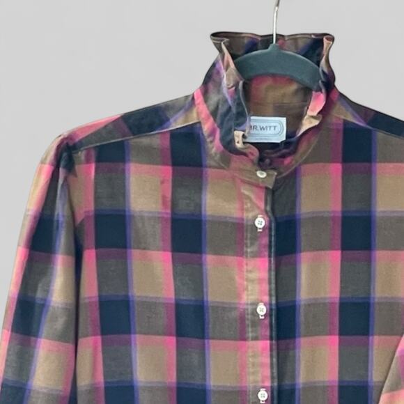Vintage Mr. Witt USA Plaid Ruffle Collar Blouse Size 14 Made in USA 70s 80s - Picture 1 of 12